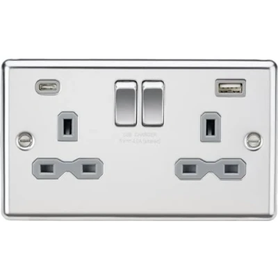 Image of KnightsBridge 13A 2G SP Raised Round Edge Switched Socket with Dual USB C+A Polished Chrome, Grey Insert