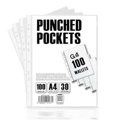 Image of 100 Pcs A4 Plastic Punched Punch Pockets 30 Micron for Folders Filing Wallets Sleeves