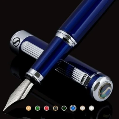 Image of Scriveiner Blue Lacquer Fountain Pen Stunning with Chrome Finish, Schmidt Nib (Fine), Best Gift Set for Men &amp; Women, Professional, Executive, Office, Nice Pens