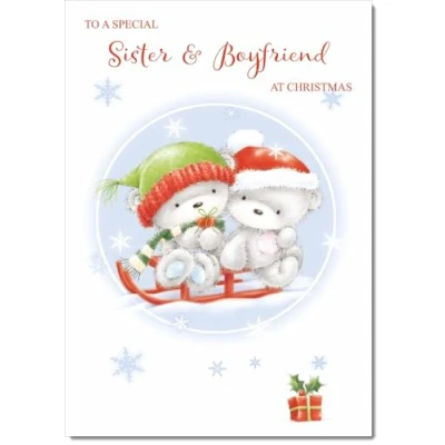 Image of doodlecards Sister and Boyfriend Christmas Card Cute Bears on Sled Medium Size for &amp; with Plain Envelope