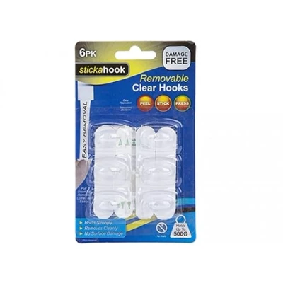 Image of PMS 500g Capacity Removable Large Clear Hooks 2.7cm x 1.2 cm (Pack of 6), 2.7