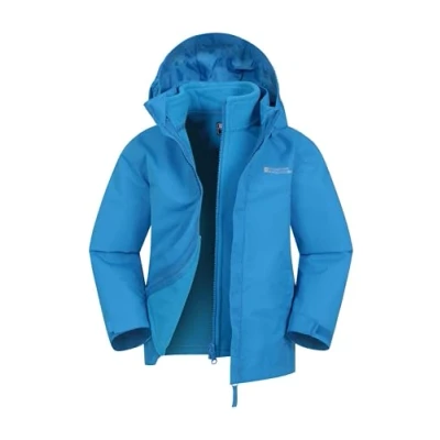 Image of Mountain Warehouse Fell Kids 3 in 1 Jacket Water Resistant Triclimate Raincoat, Detachable Inner Coat &amp; Packaway Hood For Walking, Hiking Outdoors Bright Blue Teen Size 13 Years