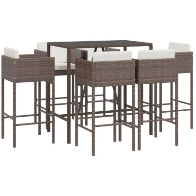 Image of vidaXL 7 Piece Garden Bar Set with Cushions Brown Poly Rattan