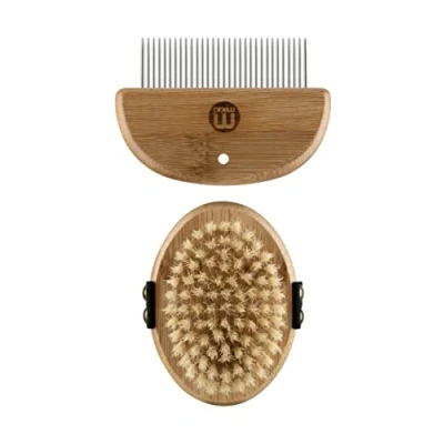 Image of Mikki Bamboo Puppy &amp; Kitten Gentle Grooming Kit, Including Bristle Palm Brush and Comb for Use with Dog, Cat, Puppy, Handmade from Natural Sustainable brown