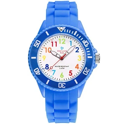 Image of Alienwork Kids Children&#039;s Teacher Watch Boys Girls Blue Silicone Strap Multi Coloured Kid Waterproof 5 ATM Learning Time