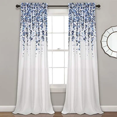 Image of Lush Decor Weeping Flowers Darkening Window Curtains Panel Set for Living, Dining Room, Bedroom (Pair), 52&quot; W x 84&quot; L, Navy &amp; Blue