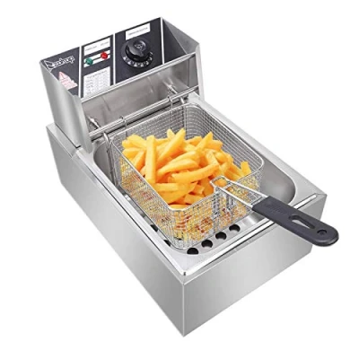 Image of Deep Fryer w/Basket Strainer for Home Use, Stainless Steel Commercial Electric Fryer, Perfect Fried Chicken, Shrimp, French Fries, Chips &amp; More (Single 6.3QT/6L)