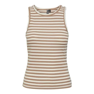 Image of PIECES Women&#039;s Pcruka Noos Boxer Tank Top, Silver Mink/Stripes: Cloud Dancer, XL