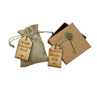 Image of Hoolaroo Santa&#039;s Magic Key &amp; Reindeer Dust Sack with Wooden Engraved Tags Vintage Style