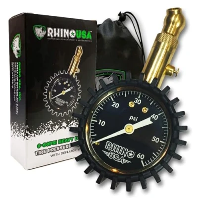 Image of Rhino USA Heavy Duty Tyre Pressure Gauge (0 60 PSI) Certified ANSI B40.1 Accurate, Large Glow Dial, 360 Swivel Head, Solid Brass Hardware Car for Any Car, Truck, Motorbike, RV