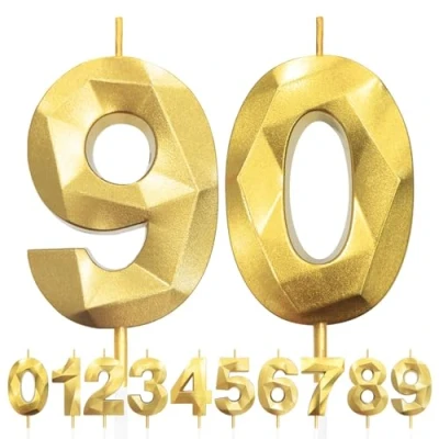 Image of 90th Birthday Candles, Number 90 Candle, Gold Candles for Cake, Diamond 3D Happy Cake Candle Decorations Party Wedding Anniversary Celebration Supplies