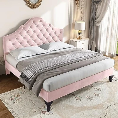 Image of Merax Upholstered Double Bed, 4FT6 Bed Frame with Height Adjustable Headboard and Wooden Slat Support, Comfortable Backrest, Easy Assembly, Velvet, Pink, 135x190cm