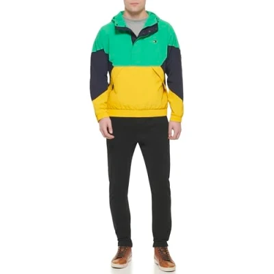 Image of Tommy Hilfiger Men&#039;s Retro Lightweight Taslan Hooded Popover Water Resistant Windbreaker Jacket, Aqua Green/Navy/Yellow, L