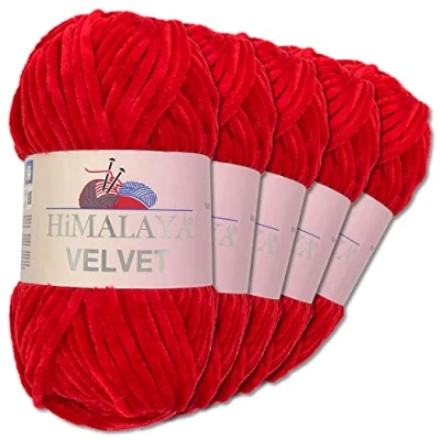 Image of Wohnkult Himalaya 5 x 100 g Velvet Dolphin Wool 40 Colours to Choose From Chenille Knitting Yarn Shiny Fleece Accessory Clothing (90018 Red)