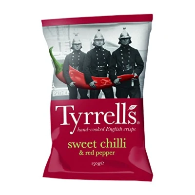 Image of Tyrrells Crisps SWEET CHILLI &amp; RED PEPPER 150g (Multipack BOX of 8 Bags) Hand cooked spun for an exquisite fresh taste. No artificial ingredients (No flavour, colours or MSG)