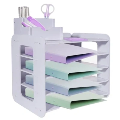 Image of HMXLJJY 5 Tier Letter Tray Organiser, A4 Paper Filing Trays, Office File Tray, Desk Tidy Organizer with Stackable Pen Holder (White)