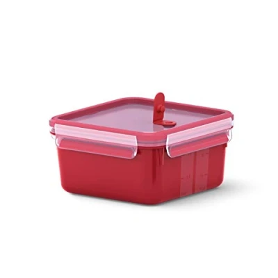 Image of Emsa Clip &amp; Micro N10604 Microwave Valve 1.3 L Square Lunch Box Integrated Measurements Made in Germany Red/Transparent
