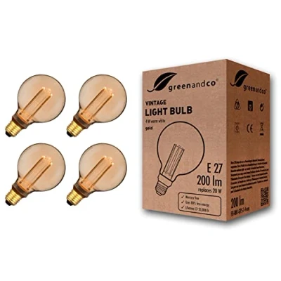 Image of greenandco 4X Vintage Design LED Bulb for Mood Lighting E27 G95 Amber 4W 200lm 1800K Extra Warm White 320 230V Flicker Free Non dimmable Edison