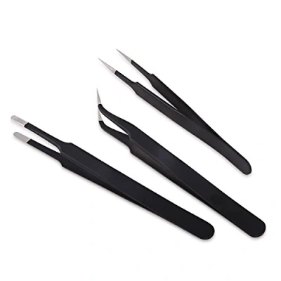 Image of Winjun 3 Pieces Black Stainless Steel Professional Tweezer Set for Industrial Electronics, Jewelry Making, Laboratory Work