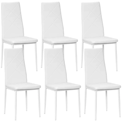Image of HOMCOM Dining Chairs Set of 6, Modern Upholstery Faux Leather Kitchen with High Back and Steel Legs for Living Room, White