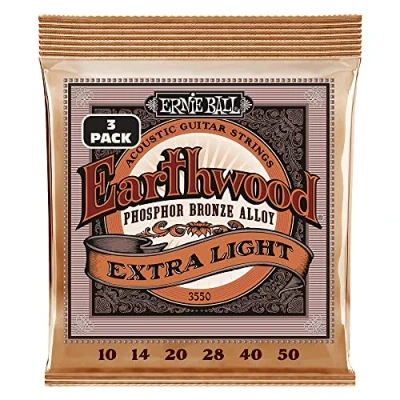 Image of Ernie Ball Earthwood Extra Light Phosphor Bronze Acoustic Guitar Strings 3 Pack 10 50 Gauge