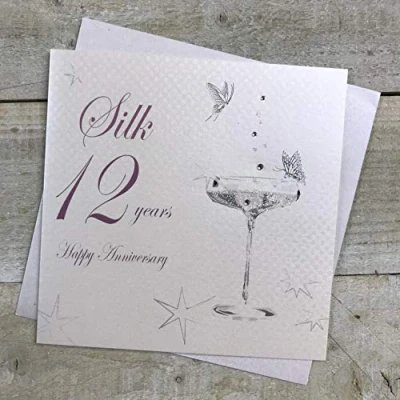 Image of White Cotton Cards BD112C Coupe Glass &quot;Happy Anniversary &#039;Silk&#039; 12 Years&quot; Handmade Card,