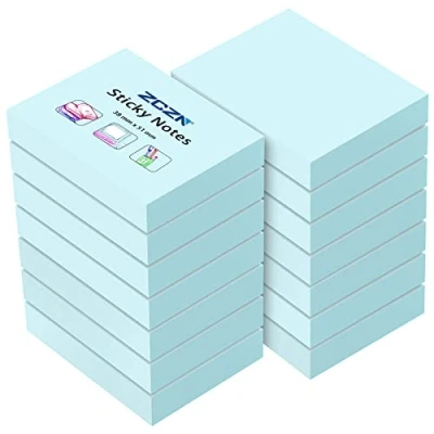 Image of ZCZN Small Sticky Notes 38 x 51mm, 100 Sheets/Pad, 14 Pads, Light Blue