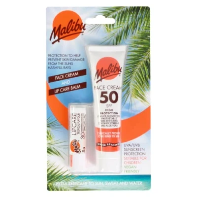 Image of Malibu Sun SPF 50 Face Cream and 30 Lip Balm Duo, High Protection Cream, Water Resistant, Vitamin Enriched, 2 pack