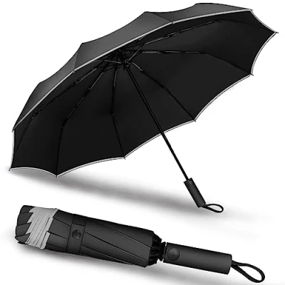 Image of Yaneno Windproof Travel Reverse Folding Umbrella Compact Light Automatic Open Close Button Strong and Portable Reflective Safety Strip Resistant Wind for Rain (Black)