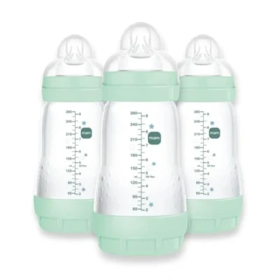 Image of MAM Easy Start Anti Colic Bottle 9 oz (3 Count), Baby Essentials, Medium Flow Bottles with Silicone Nipple, for Boy, Designs May Vary