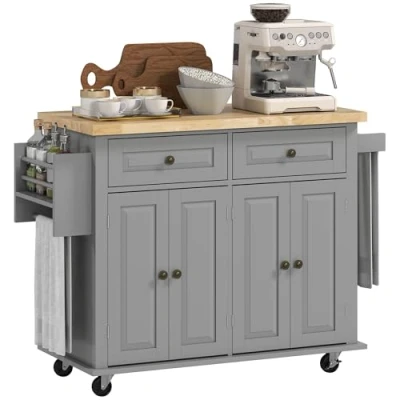 Image of Rolling Kitchen Island Cart with Rubber Wood Top, Spices Grey Homcom