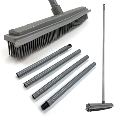 Image of Rubber Broom with 120cm Multi Section Metal Handle, 31cm Wide Brush Head Built in Squeegee − Soft Indoor, Carpet Sweeper, Spill Cleaner, and Pet Hair Remover