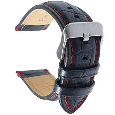 Image of Talk Time Black Genuine Leather Alligator Grain Watch Strap with Red Stitching 18mm