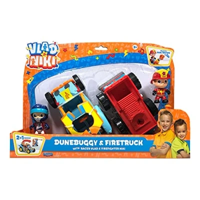 Image of BANDAI Vlad &amp; Niki Crazy Fun Vehicles Water Blasting Fire Truck with Firefighter Dune Buggy Racer Pack of 2 Features and Accessories, Multicolor, P57749