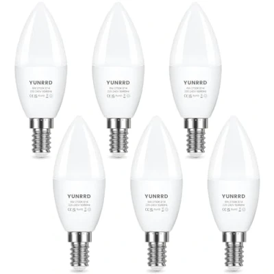Image of YUNRRD E14 LED Light Bulb,LED Candle Bulbs Small Screw,6W 550lm,60W Equivalent SES Edison Screw in Bulbs,Warm White 2700K,Energy Saving Bulbs,Non Dimmable,Pack of 6
