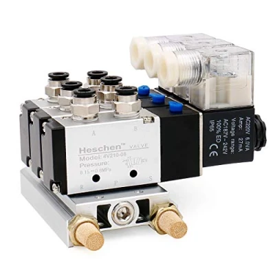 Image of Heschen Electrical Pneumatic Triple Solenoid Valve 4V210 08 AC 220V PT1/4 5 Way 2 Position Manifold Base Muffler Quick Fittings Set