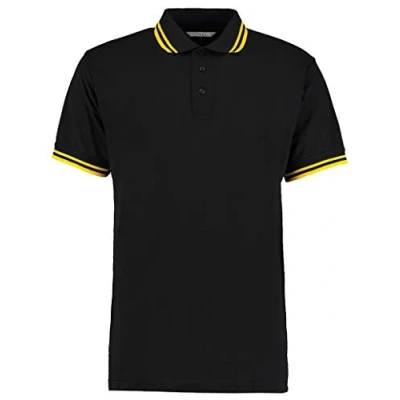 Image of Kustom Kit Mens Short Sleeve Polo Shirts, Black/Yellow, Small. KK409