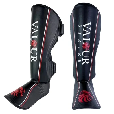 Image of Valour Strike Shin Guards for Kickboxing Muay Thai MMA Karate Martial Arts Taekwondo or Kick Boxing Sparring Pads to Guard Leg Foot &amp; Instep Protective Equipment (Black, Medium)