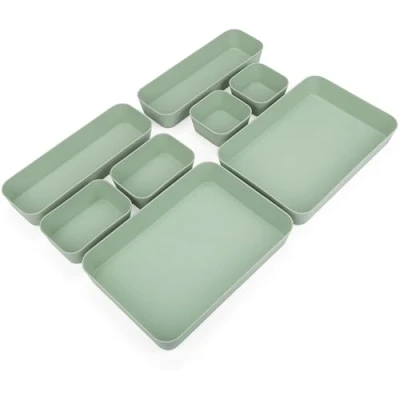 Image of Belle Vous 8 Piece Green Drawer Organiser Tray Set Plastic Desk Dividers Separation Storage Bins for Bathroom, Office, Bedroom or Kitchen Boxes Makeup, Jewellery &amp; Utensils