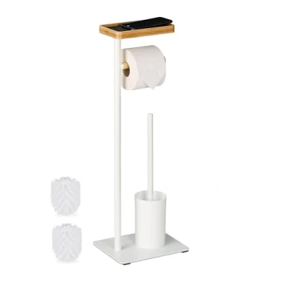 Image of Relaxdays Toilet Roll Holder and Brush Set, Bamboo &amp; Iron, HWD: 65x23x18 cm, Free Standing, with Shelf, Black/Natural, Plastic