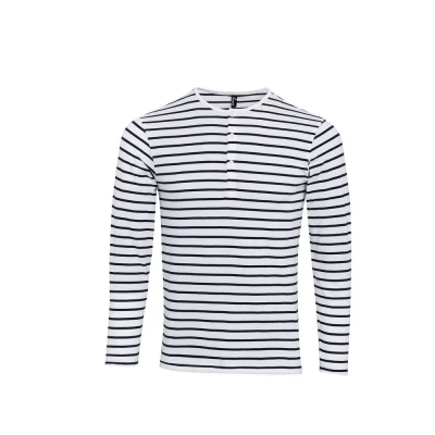 Image of Premier Mens Long John Stripe Roll Sleeve T Shirt (White/Navy) Size Small