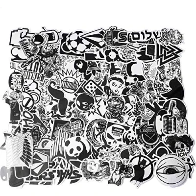 Image of Zeako 120 Pieces Graffiti Stickers Black and white Vinyls Laptop Sticker Unique Cool For Laptop, Notebook, Skateboard, Luggage, Bumper, Guitar, Bike Pack Teens Adults