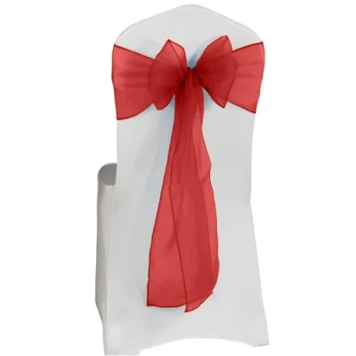 Image of Elegant Event Essentials Set of 50 Organza Chair Tie Sashes Wider Fuller Cover for Wedding Decorations, Birthday, Banquets &amp; Party Events Sheer Bows, Ribbon Burgundy