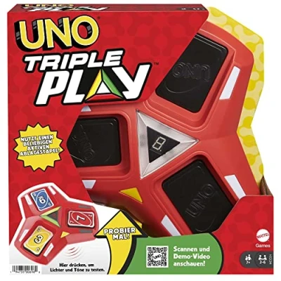 Image of UNO Triple Play Card Game with Holder Unit Lights &amp; Sounds 112 Cards, Kid, Teen Adult Night Gift Ages 7 Years Older, HCC21