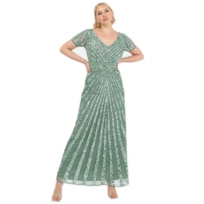 Image of Maya Deluxe Women&#039;s Maxi Ladies Embellished Sequin Dress Long Short Sleeve V Neck High Empire Waist A Cut Shiny Prom Wedding Bridesmaid, Deep Mint, 18