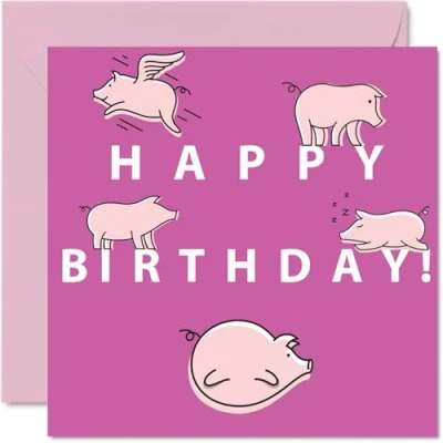 Image of Fun Birthday Cards for Women Men Cartoon Pig Happy Card Brother Sister Son Daughter Mum Dad Auntie Uncle, 145mm x Animal Bday Greeting