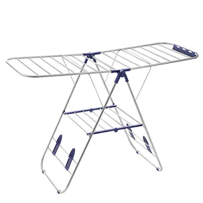 Image of SONGMICS Folding Rack, Winged Clothes Airer, 16 Metre Drying Space, Multifunctional Air Dryer, Stainless Steel Tubes LLR502, Blue + Silver, 1 Tier 97cm
