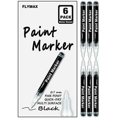 Image of FLYMAX Black Paint Pen for Glass Bottle Rock Leather Plastic Stone Metal Canvas Enamel Plant Art Waterproof Writing Acrylic Permanent Marker Extra Fine tip 6 Pack 0.7mm