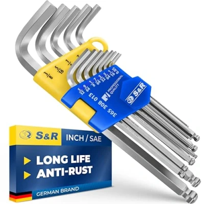 Image of S&amp;R Hex Key Set, 13 pcs Long Ball End, Imperial Sizes 0.05 to 3/8 Inch, Cr V Steel, Corrosion Resistant, in Compact Plastic Clip