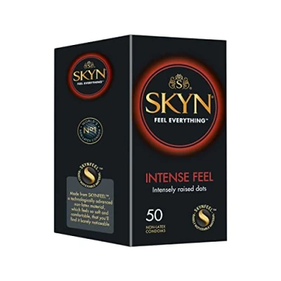 Image of SKYN Intense Feel Condoms Pack of 50 / Skynfeel Latex Free for Men, Regular Size Condoms, Thin Ribbed and Dotted Straight Shape, 53mm Wide